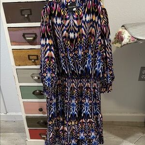 Maison Tara Blue and Pink Patterned Midi Dress